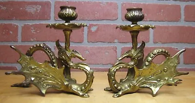 $595 • Buy Griffin Dragon Winged Beast Old Pair Bronze Brass Chambersticks Candlesticks