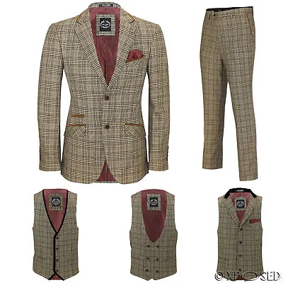 Mens Vintage Brown Herringbone Check 3 Piece Suit Sold As Tailored Separates • $34.80