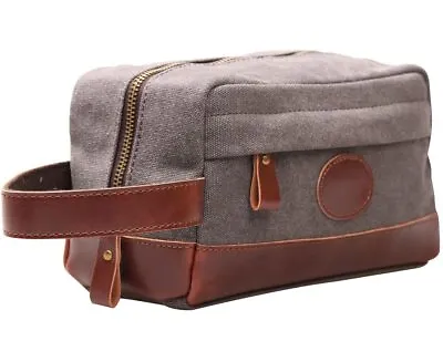 Vintage Leather Canvas Travel Toiletry Bag Shaving Dopp Kit #A001 (Grey) • $22.19