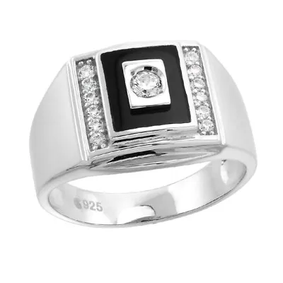Men's Sterling Silver Rectangular Black Onyx Ring W/ Cubic Zirconia Stones • $49.99