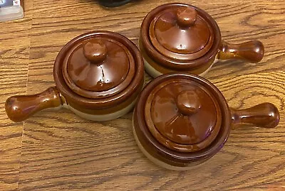 Set Of 3 Vintage Stone Soup  Crocks Handled Bowls With Lids. Free Shipping! • $34.99