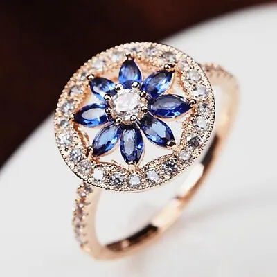 18K Rose Gold Filled Made With SWAROVSKI Crystal Round Flower Royal Blue Ring • $27.99