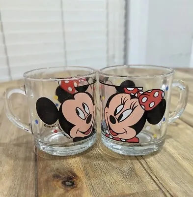 The Walt Disney Company Vintage Mickey And Minnie Mouse Glass Mug Cup  Set Of 2 • $8.49