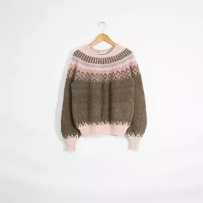 Vintage Alpaca Wool Nordic Sweater Mens Large - Brown Pink Icelandic Pattern • $39.99