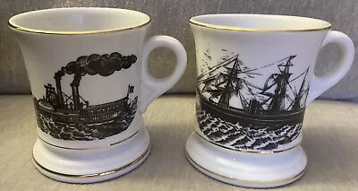 2 Vintage Porcelain Mustache Coffee Tea Cup Paddleboat Steamer & Sailing Ship • $14.99