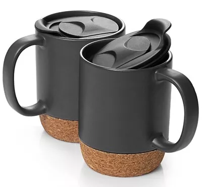 Set Of 2 Large Ceramic Coffee Mugs 15 Oz With Cork Bottom & Lid Matte Grey • £19.99