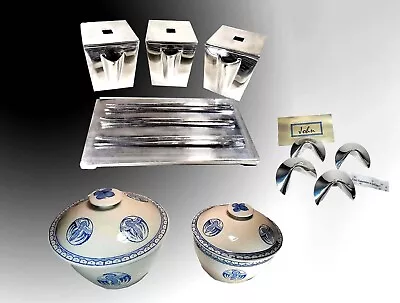 Lunares Metal Chinese Takeout Box Set 2 Chinese Rice Bowls & Fortune Cookies • $125