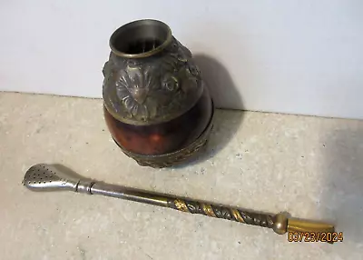 Rare Argentina Alpaca Industrial Yerba Mate Gourd Cup  & 800 Silver Straw • $22.99