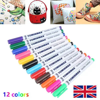 12x Fabric Marker Pens Set. Permanent On Clothing Textiles Dye T-Shirt Shoes Etc • £5.99
