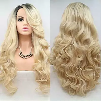 Lace Front Wig Dark Roots Blonde Long Wave Synthetic Wig For Black Women Fashion • $32.14