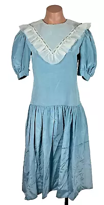 Vintage 80s Monday's Child Sz 14 Blue Lace Yolk Collar Formal Dress Flower Girl • $50