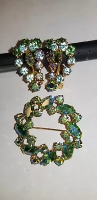 B.David Brooch Pin & Aurora Borealis Crystal Clip-On Earrings Made In Austria  • $40
