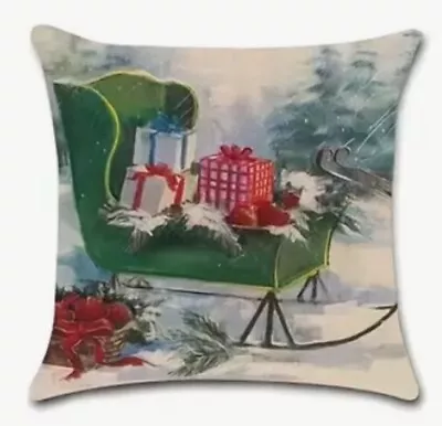 Vintage Santa Sleigh Gifts Christmas Linen Throw Pillow Cover Holiday Home Decor • $13.56