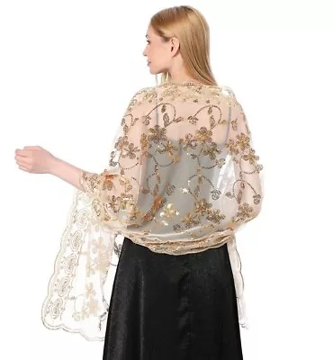 SPARKLY SEQUIN WRAP WEDDING Wraps Scarf Ladies Lace Evening Shawl Cover Ups • £14.95