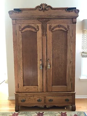 Antique Tiger Oak Armoire - Carved With Beautiful Grain And Detailing. • $500