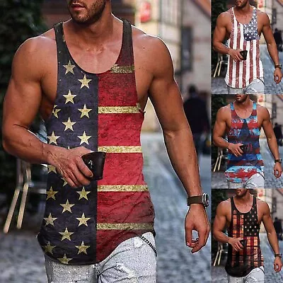 Men's American Flag Stringer Bodybuilding USA US Muscle Workout Gym Tank Top • $11.79