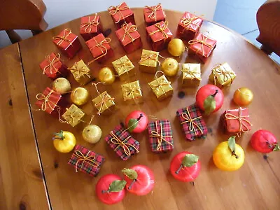 Vintage Christmas Decorations Red Gold Silky Apples Parcels Tartan 40 Items  • £22.50