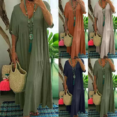 Women V Neck Loose Maxi Long Dress Casual Short Sleeve Kaftan Dress Plus Size US • $24.74