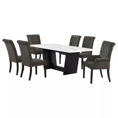 7 Pc White Marble Dining Table Brown Velvet Chairs Dining Room Furniture Set • $1599