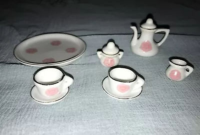Vintage Miniature Tea Set Pink Floral 2 Cups Saucers Teapot Sugar Creamer Boxed • $22.99