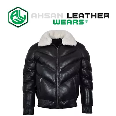 Men's Leather Jackets With Fox Fur Collar Bubble Jacket Leather V Bomber Jacket • $219.99