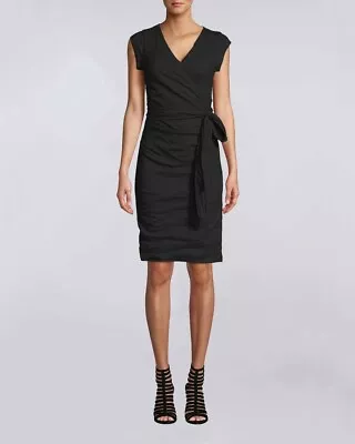 Nicole Miller Artelier BLACK Solid Cotton Metal Cap Sleeve Wrap Dress US 0 • $46.67