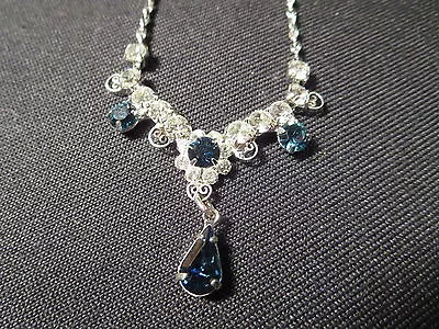 Silver Blue Stone Rhinestone Necklace Earrings Set SPBC Lind Lindenwold NWOT • $10