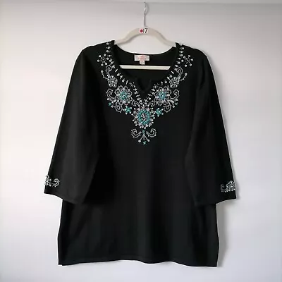 Quacker Factory Women's Black Winter Snowflake Beaded Pearl Tunic Sweater Size M • $19.99