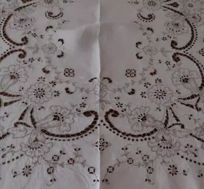 Vintage Madeira Banquet Tablecloth Embroidered Lilies French Eyelets Cutwork 92  • $175.99