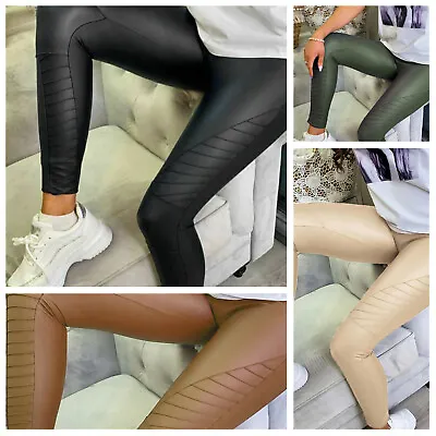 £14.95 • Buy Womens Ladies Wet Look PU Faux Leather High Waist Leggings Stretchy Biker Pants