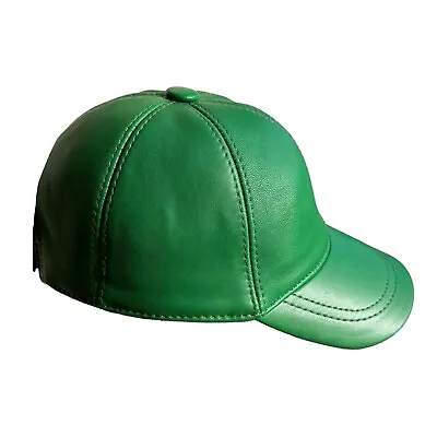 Unisex Green 100% Leather Baseball Cap Golf Adhesive Biker Hat • £19.99