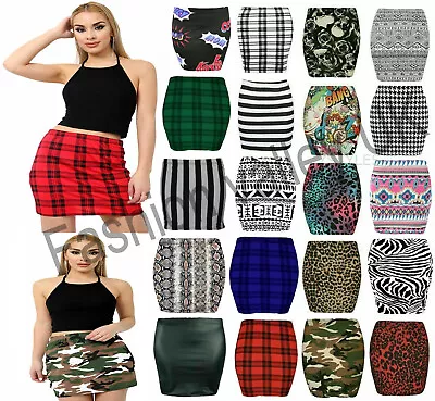 Women Printed Pencil Mini Skirt Ladies High Waist Bodycon Wiggle Short Skirt • £6.95