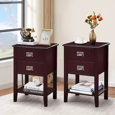 Set Of 2 Bedroom Nightstand Bedside End Side Table Wooden Drawer Storage Vintage • $109.64