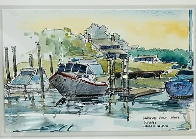 Watercolor Painting Of Harwich Port Mass. Boat Docks Framed  14x11 John W Hansen • $39.95