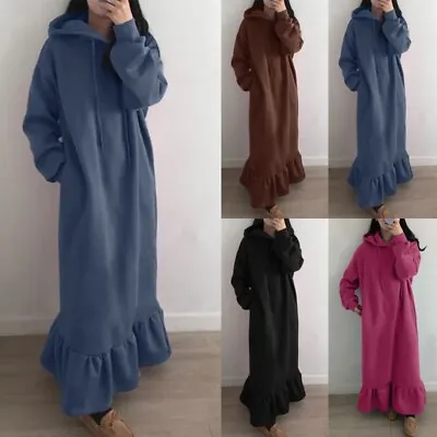 £20.30 • Buy Women Fleece Hooded Sweatshirt Maxi Dress Ruffle Hoodies Solid Dresses Plus Size