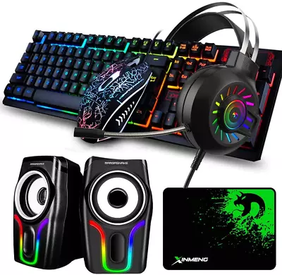 5 In1 Gaming Combo Speakers Rainbow LED Backlit Wired Keyboard Mouse And Headset • $70.82