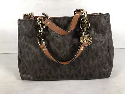 Michael Kors Womens Brown Signature Cynthia Leather Pockets Satchel Bag Medium • $24.99