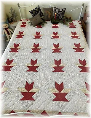 Antique Vintage Basket Quilt Hand Quilted  76  X 88  Red Yellow White Christmas • $375