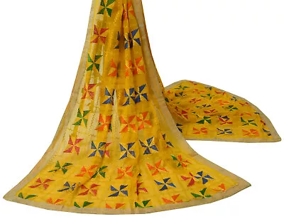 Sushila Vintage Yellow Dupatta Blend Chiffon Silk Phulkari Long Stole Scarves • $26.99