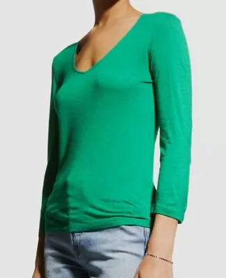 $138 Majestic Filatures Women's Green Linen 3/4-Sleeve V-Neck T-Shirt Top Size 2 • $44.38