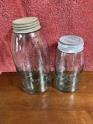 2 VINTAGE ANTIQUE GREEN BLUE BALL 1-Qt & 1- 2Qt JARS 1896-1910 SLOPED Bubbles • $25