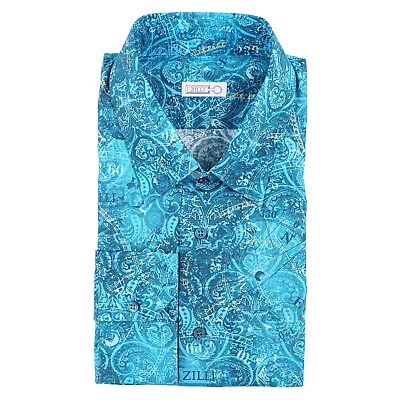 Zilli Tailored-Fit Aqua Blue Paisley And Compass Print Shirt 15.75 (Eu 40) • $349