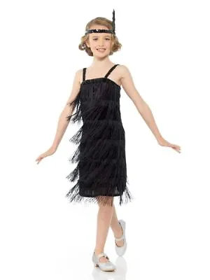 Girls1920s Black Flapper Outfit Kids Fringe Charleston Fancy Dress Costume • £19.01