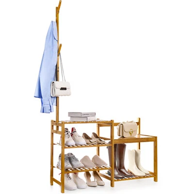 $44.99 • Buy 4-In-1 Hall Tree Bamboo With Coat Rack Shoe Organizer Storage Shelf Shoe Bench