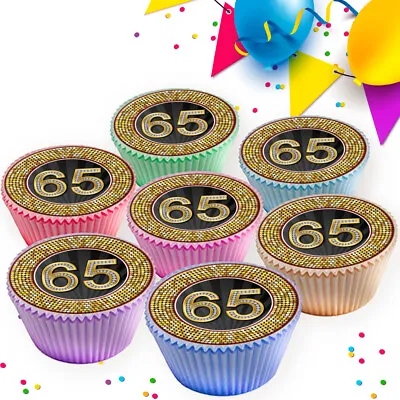 65th Black & Gold Age 65 Birthday Edible Cupcake Toppers Decorations Gt-65 • £2.99