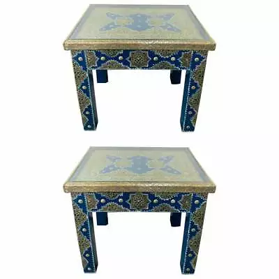 Hollywood Regency Style Moroccan Brass Blue Rectangular Side Or End Table Pair • $2800