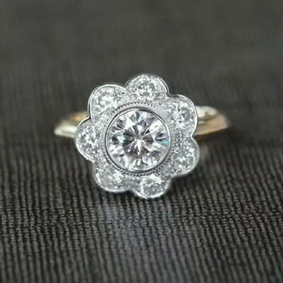 14K Yellow Gold Finish 2 CT Round Cut VVS1/D Diamond Flower Cluster Wedding Ring • £70.99