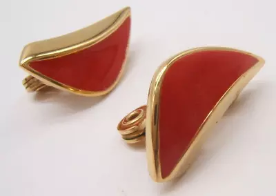 Vtg Monet Gold Tone & Red Enamel Clip Earrings • $6