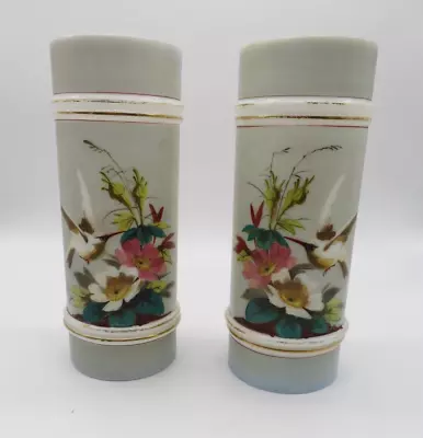 Antique MT Washington Glass Sister Vases Hand Painted Hummingbirds Flowers Gold • $125