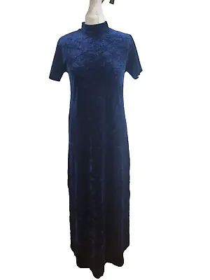 Vintage Cassini Maxi Dress Blue Size 10 Velvet Long Pagan Modest High Neck • £27.96